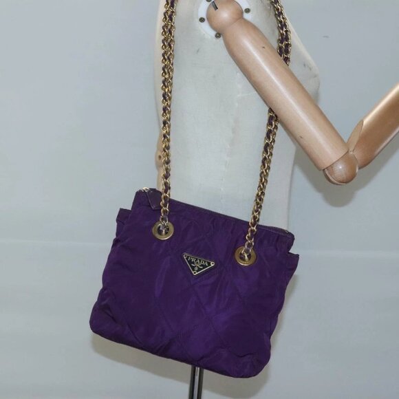 PRADA Quilted Chain Shoulder Bag Nylon Purple Gold Auth - Picture 1 of 16